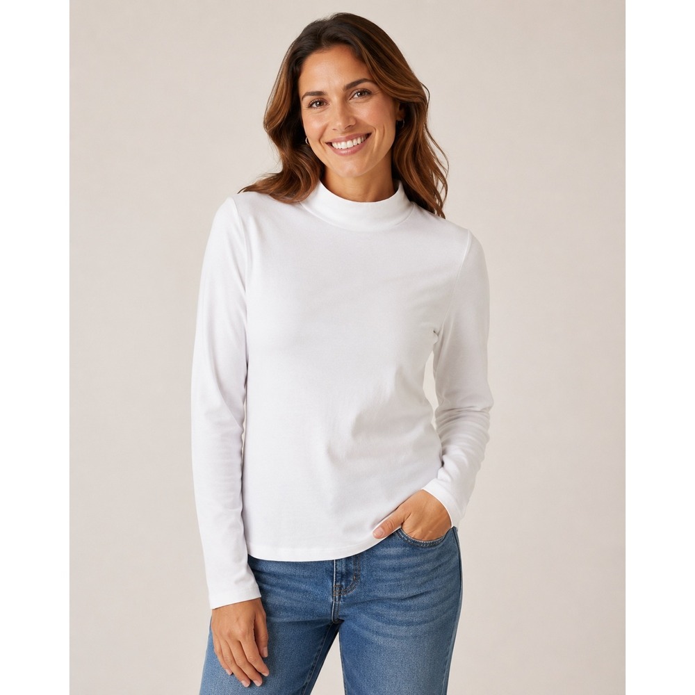 Croft & Barrow Womens White Mock Neck Long Sleeve Cotton Top Size M RN 73277